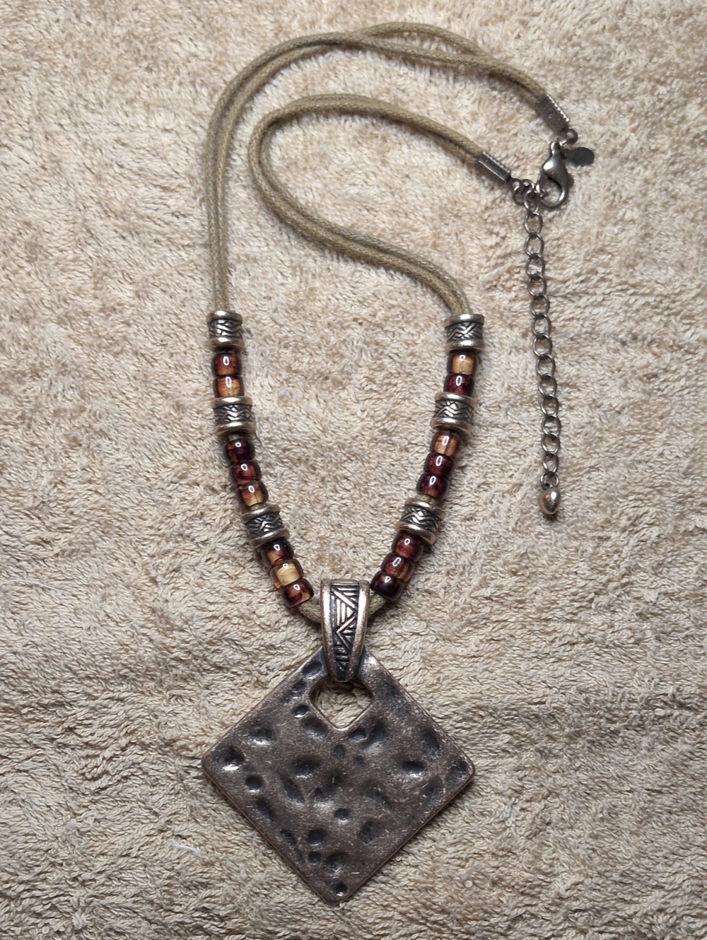 Premier Designs Boho Beaded Necklace with Textured Bronze Magnetic Pendant